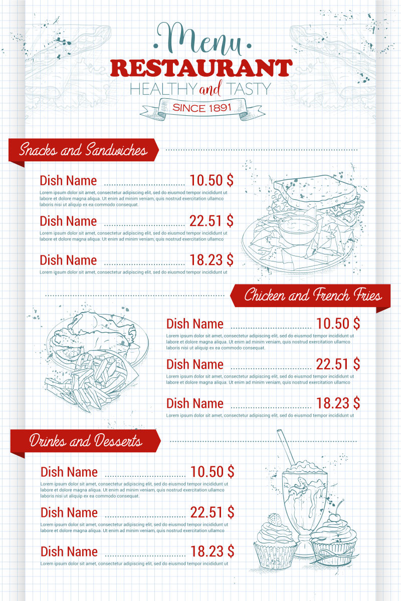 手绘图案的餐厅菜单矢量设计