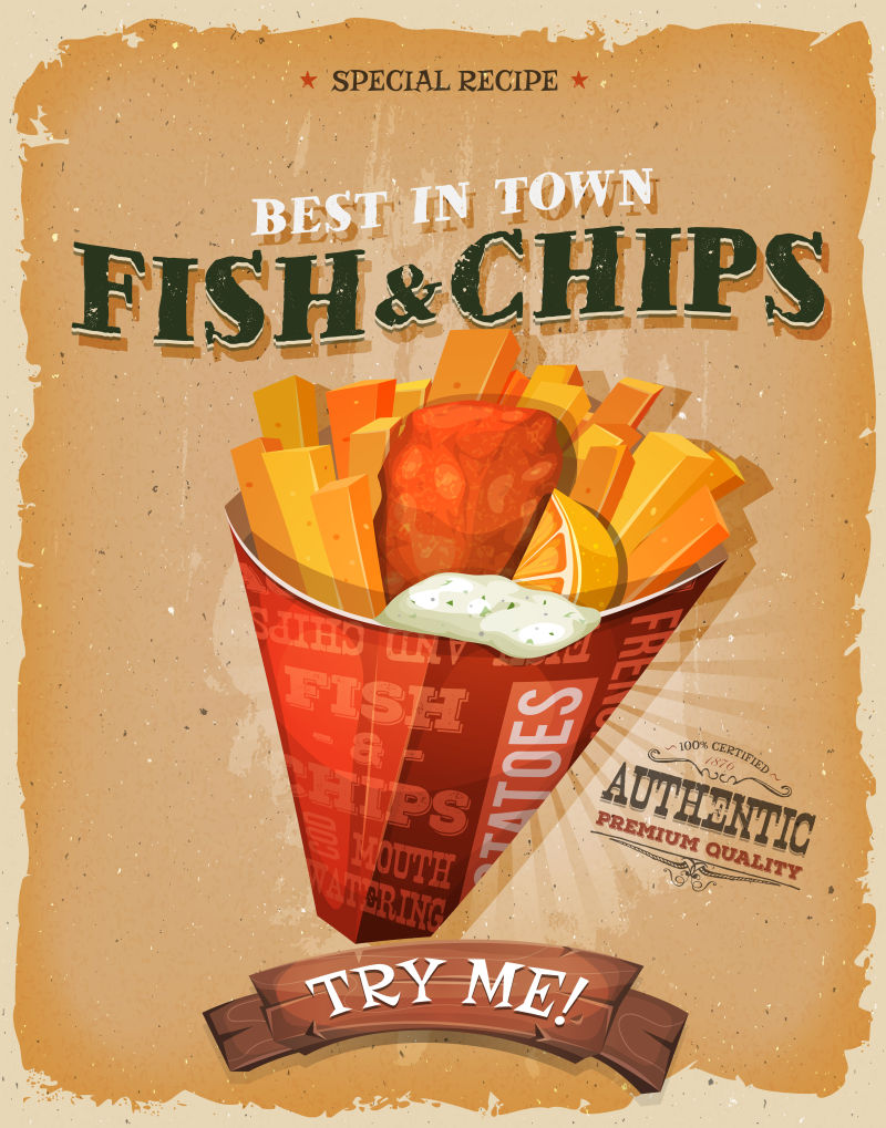 创意矢量老式炸鱼薯条的海报设计