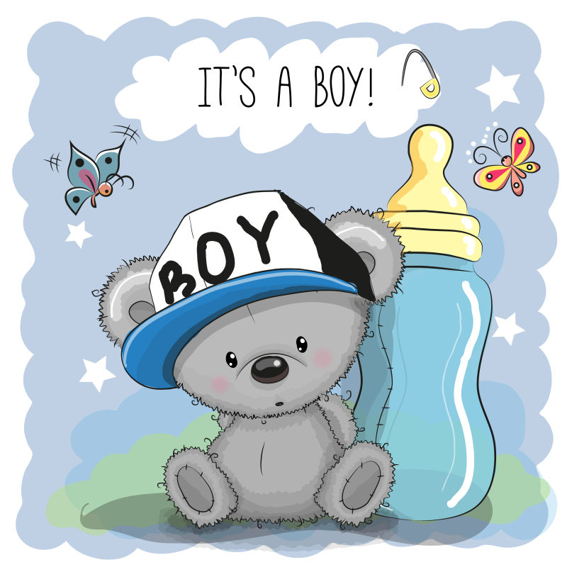 矢量卡通可爱的泰迪熊男孩和奶瓶