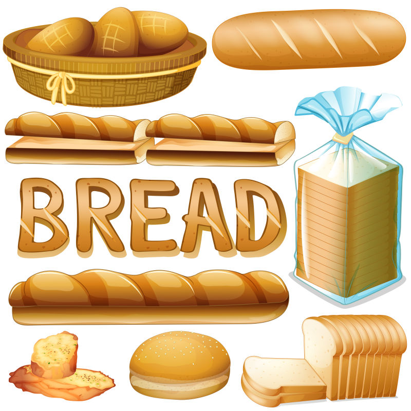 不同种类的面包矢量插图