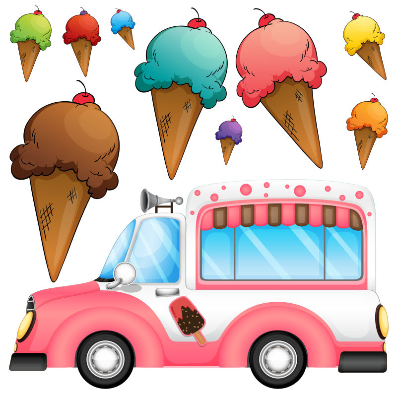 不同口味的冰淇淋与卡车矢量插图