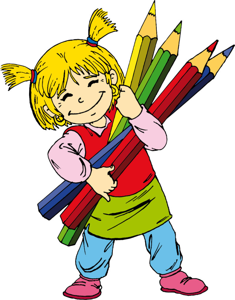 矢量卡通抱着铅笔的女孩