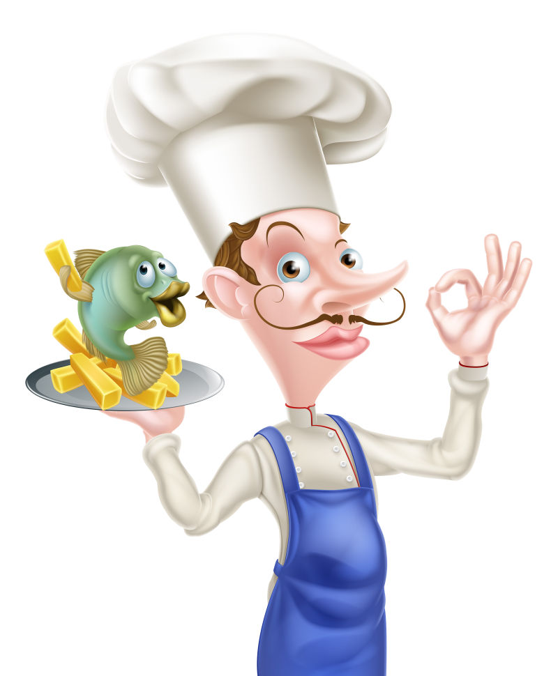 卡通厨师端着鱼与薯条矢量设计