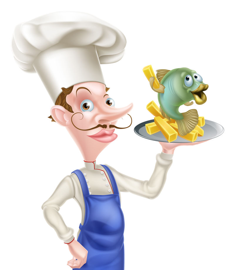 端着鱼和薯条的卡通厨师矢量形象设计