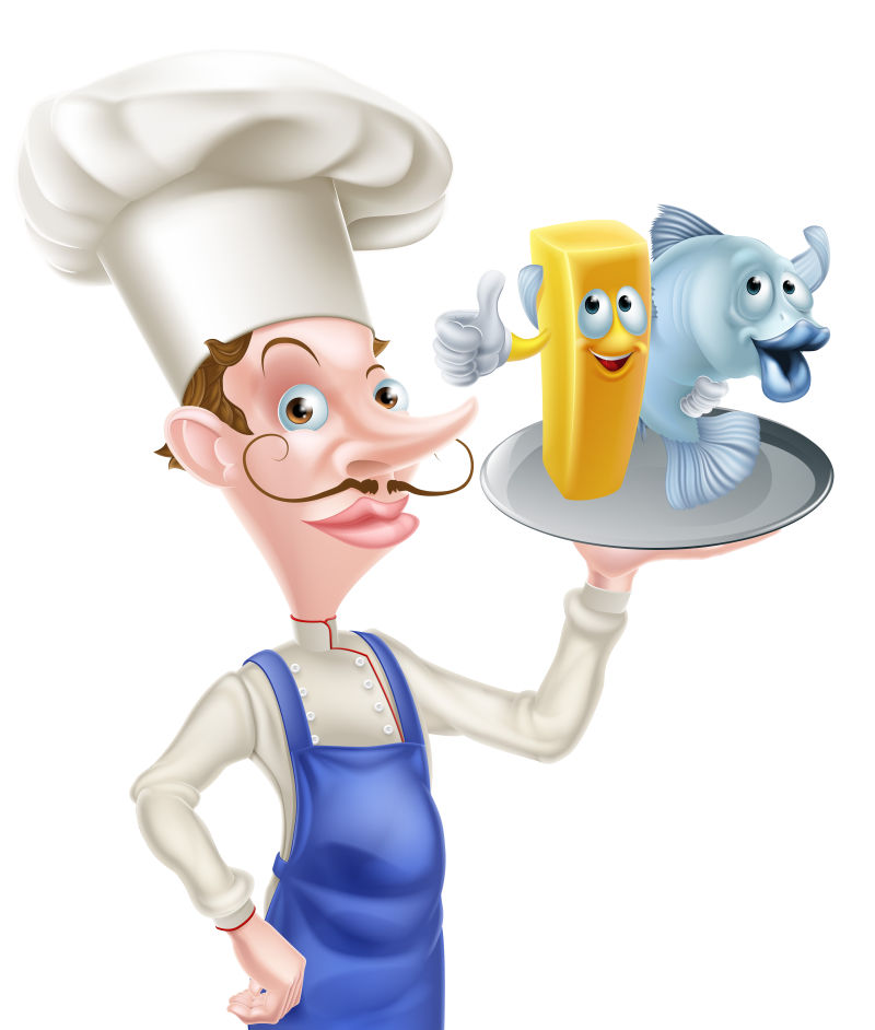 端着薯条和鱼的厨师矢量卡通图案设计