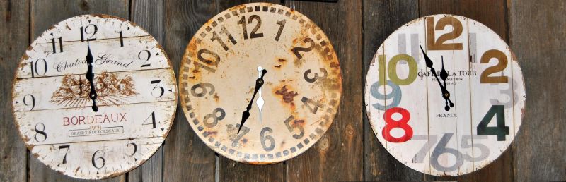 木板背景下的老式破旧时钟
