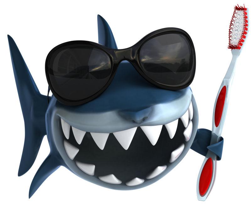 戴墨镜的卡通鲨鱼拿着牙刷