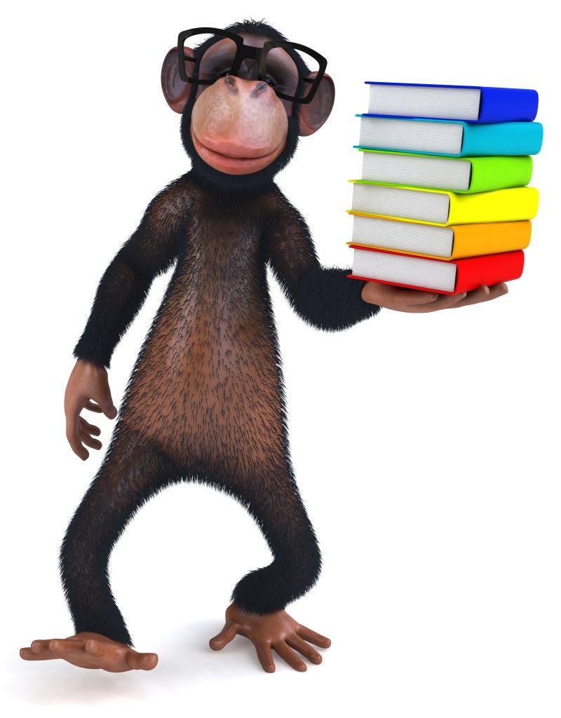 白色背景前拿着书籍的小猴子