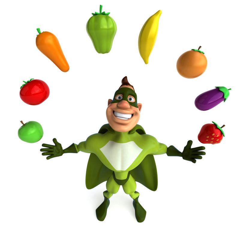 白色背景前的卡通绿色超人和蔬菜