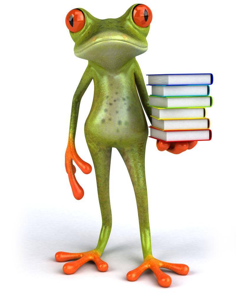 白色背景前拿着书籍的小青蛙