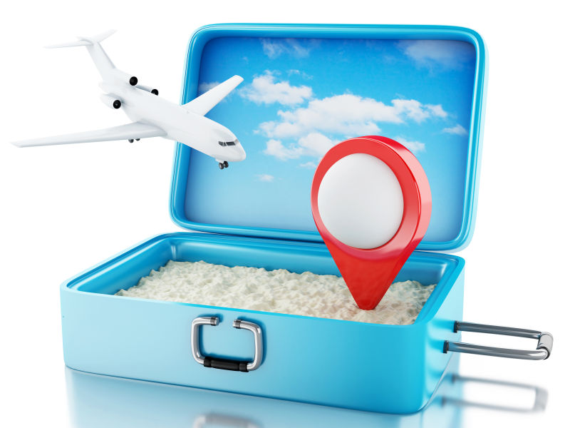 3D飞机和地图指针在旅行行李箱中