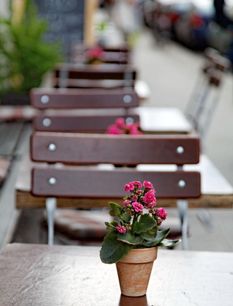户外咖啡馆餐桌上的一盆鲜花