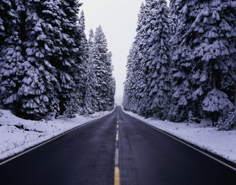 公路的两边积满了大雪