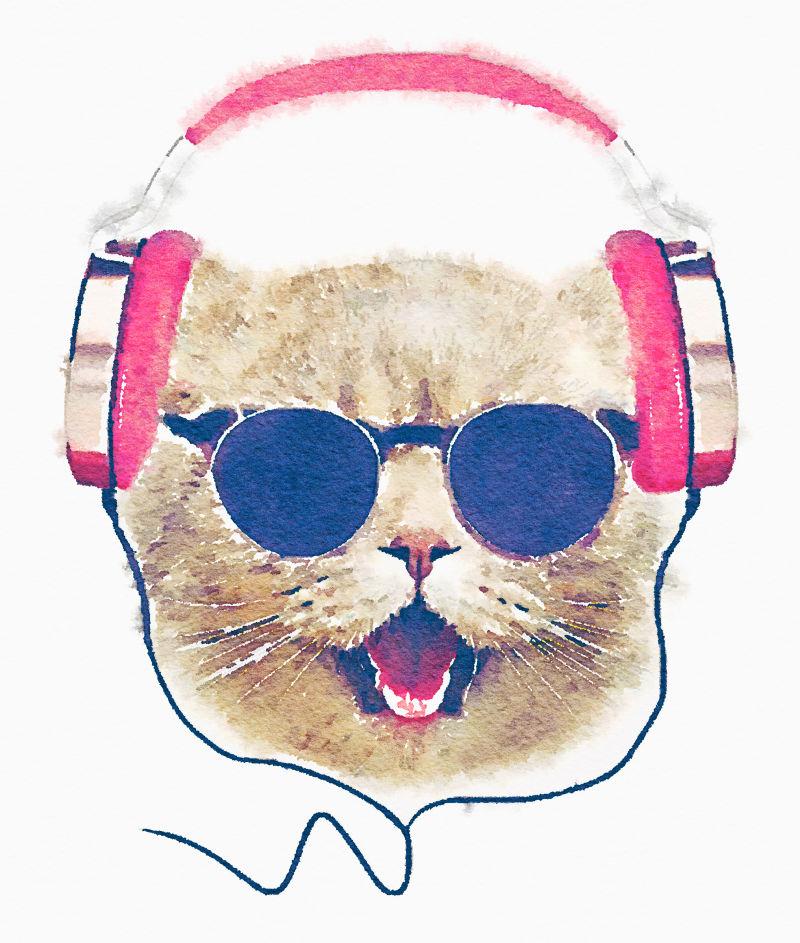 可爱的猫咪带着墨镜听音乐