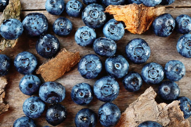 放在木桌上的成熟蓝莓