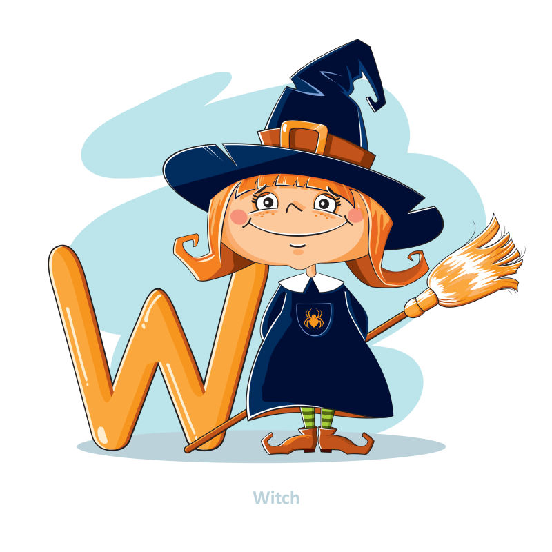 矢量的卡通字母W和巫女插图