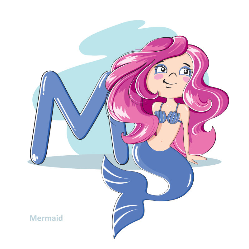 卡通字母M和美人鱼矢量插图