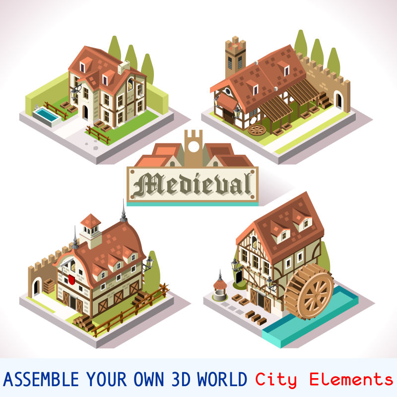矢量中世纪城市建筑设计元素
