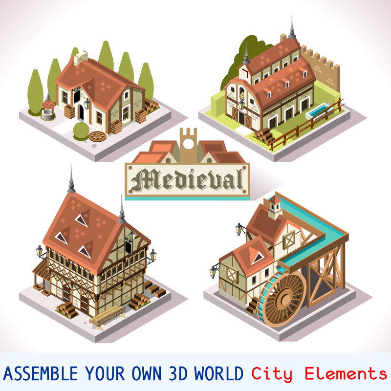 创意矢量中世纪城镇建筑设计元素