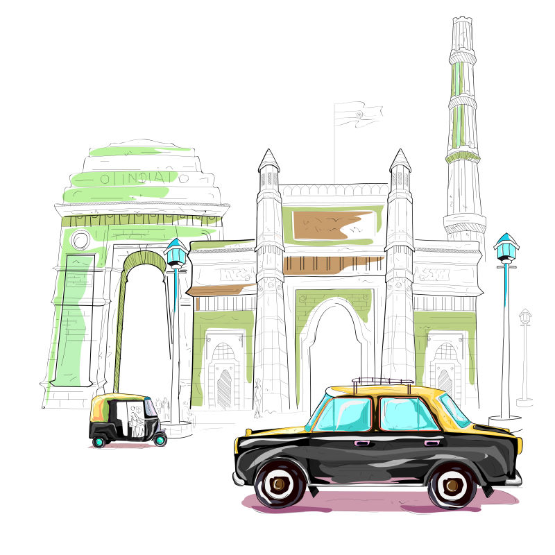矢量手绘风格的印度城市景观插图