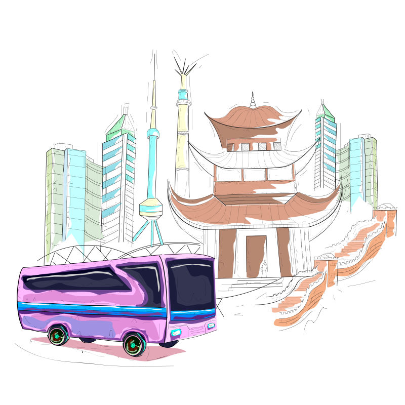 矢量手绘风格的中国城市景观插图