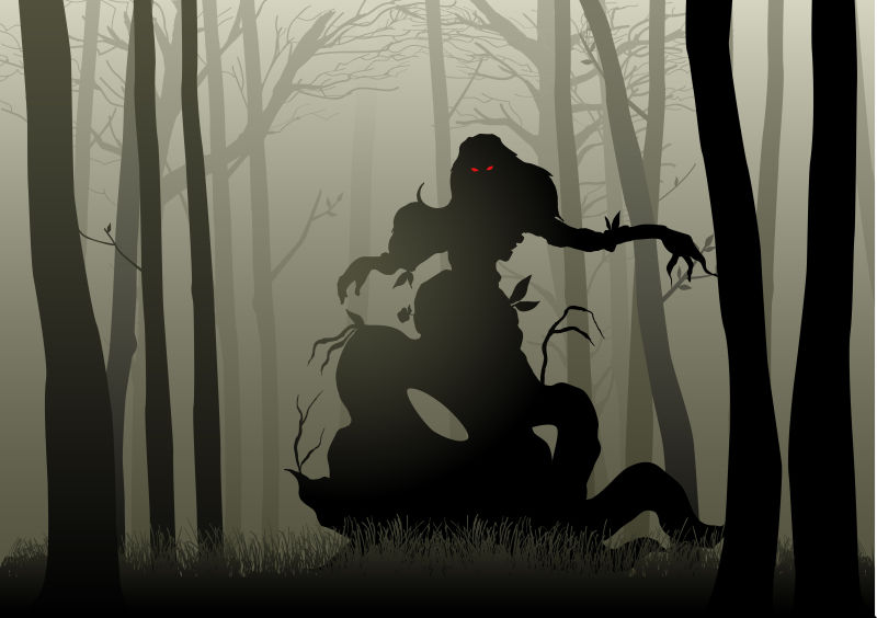黑暗森林中的可怕怪物矢量插图