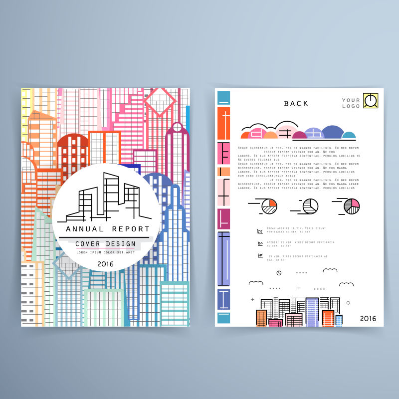 矢量彩色现代平面线条插图元素的封面设计