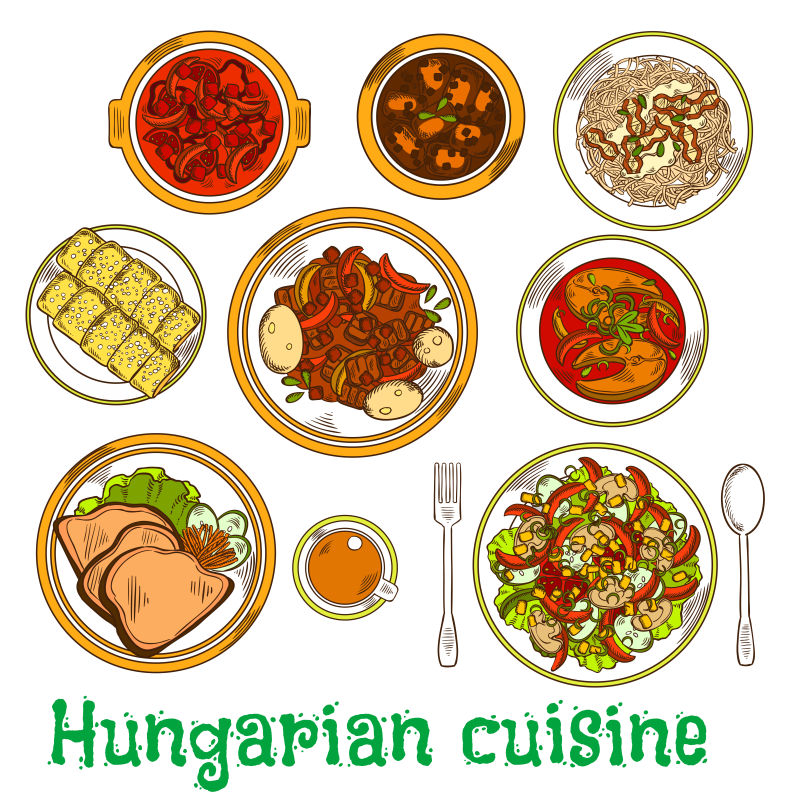 手绘风格的匈牙利美食矢量插图