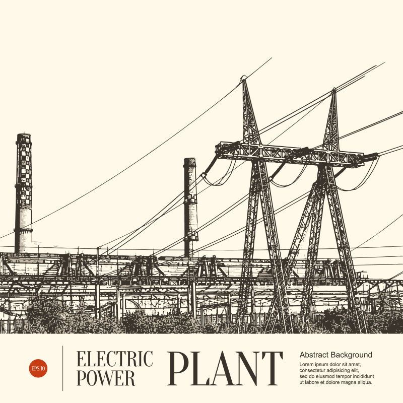 电力站的高大电塔矢量插图