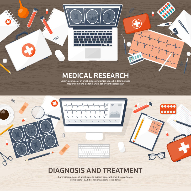 创意矢量医学办公桌面的平面插图