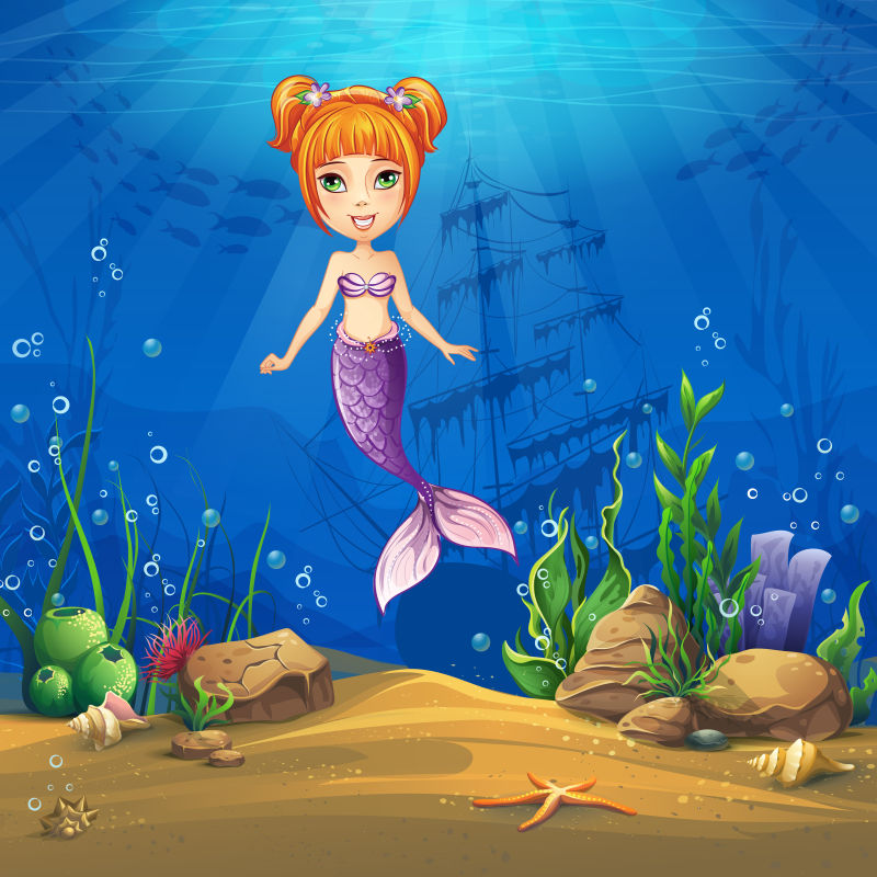 海底世界的美人鱼矢量插图