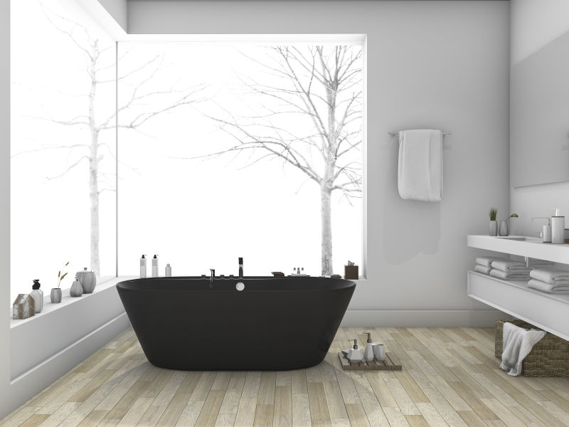 冬季现代风格带木地板的浴室的设计