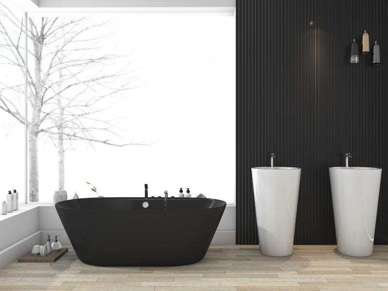 浴室近窗3D渲染黑色浴缸