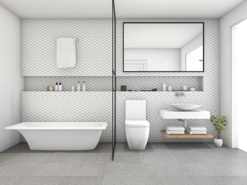 3D渲染白色六边形瓷砖现代浴室