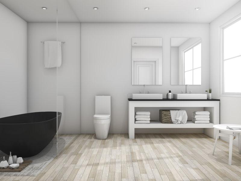 小阁楼浴室和黑色浴缸3D渲染
