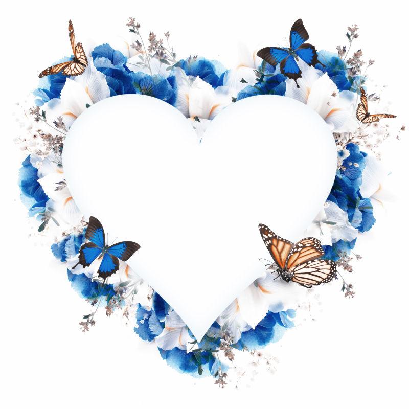 白色背景中的心型花环和蝴蝶