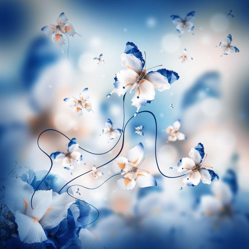 蓝色背景中的花朵和蝴蝶