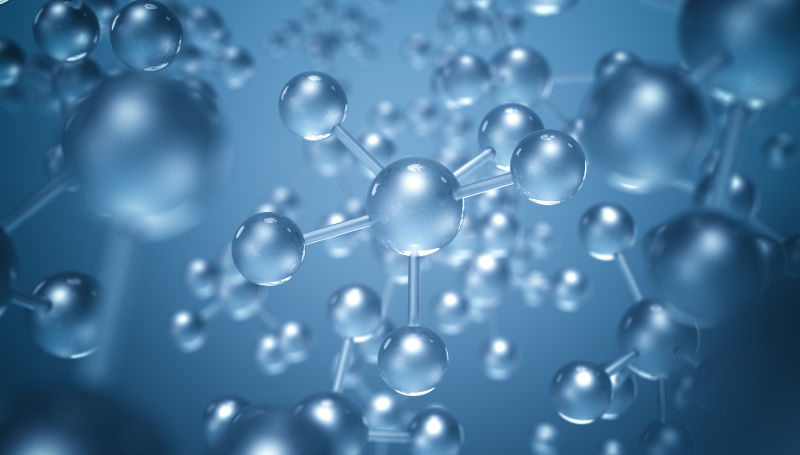 蓝色背景上的抽象3的立体分子结构