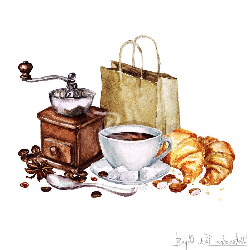 咖啡甜品水彩画
