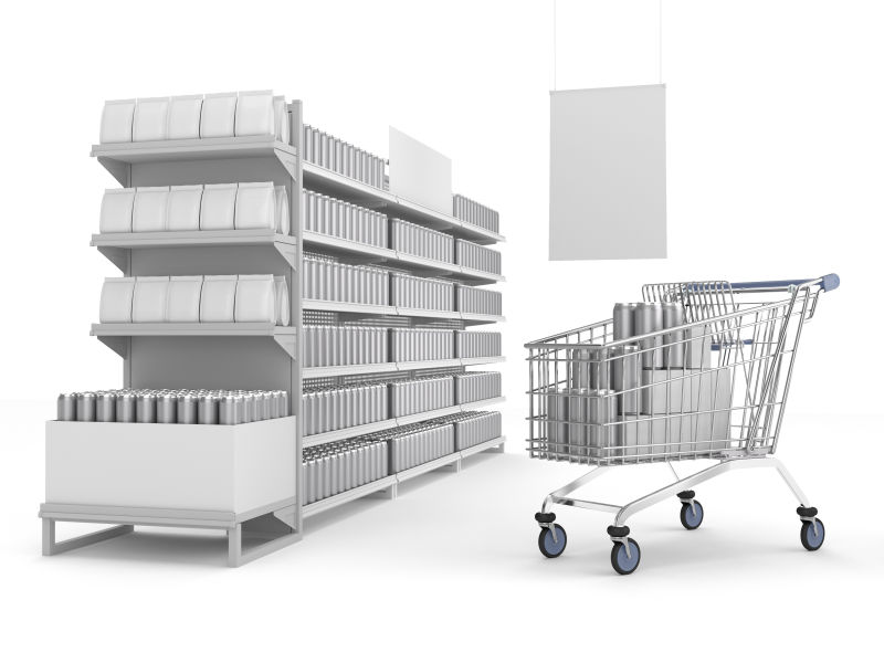 白色背景上堆满货物的3D货架和购物车