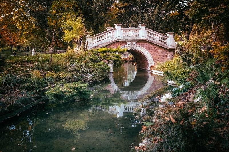 秋天巴黎的公园里的水运河上的桥梁