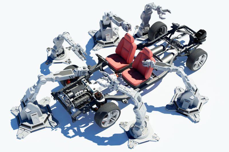 白色背景下的机器人组装现代汽车