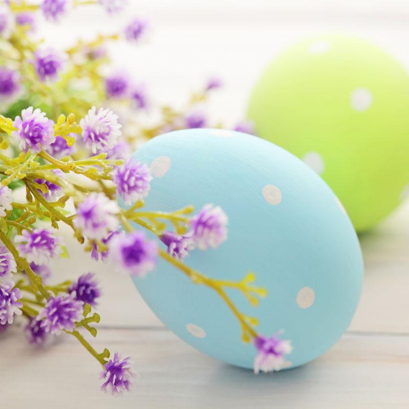 白色背景上的复活节彩蛋和紫色小花