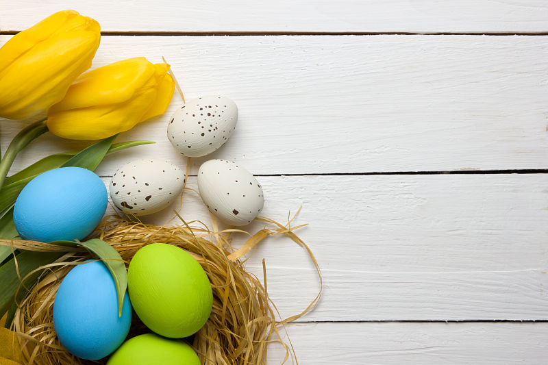 白色木板上的复活节彩蛋和郁金香