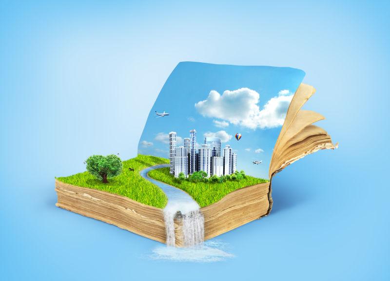 蓝色背景中生态城市的概念