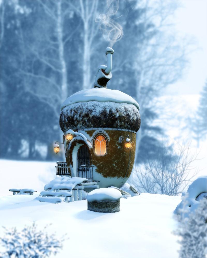 冬季景观中的一个童话般的橡树房子