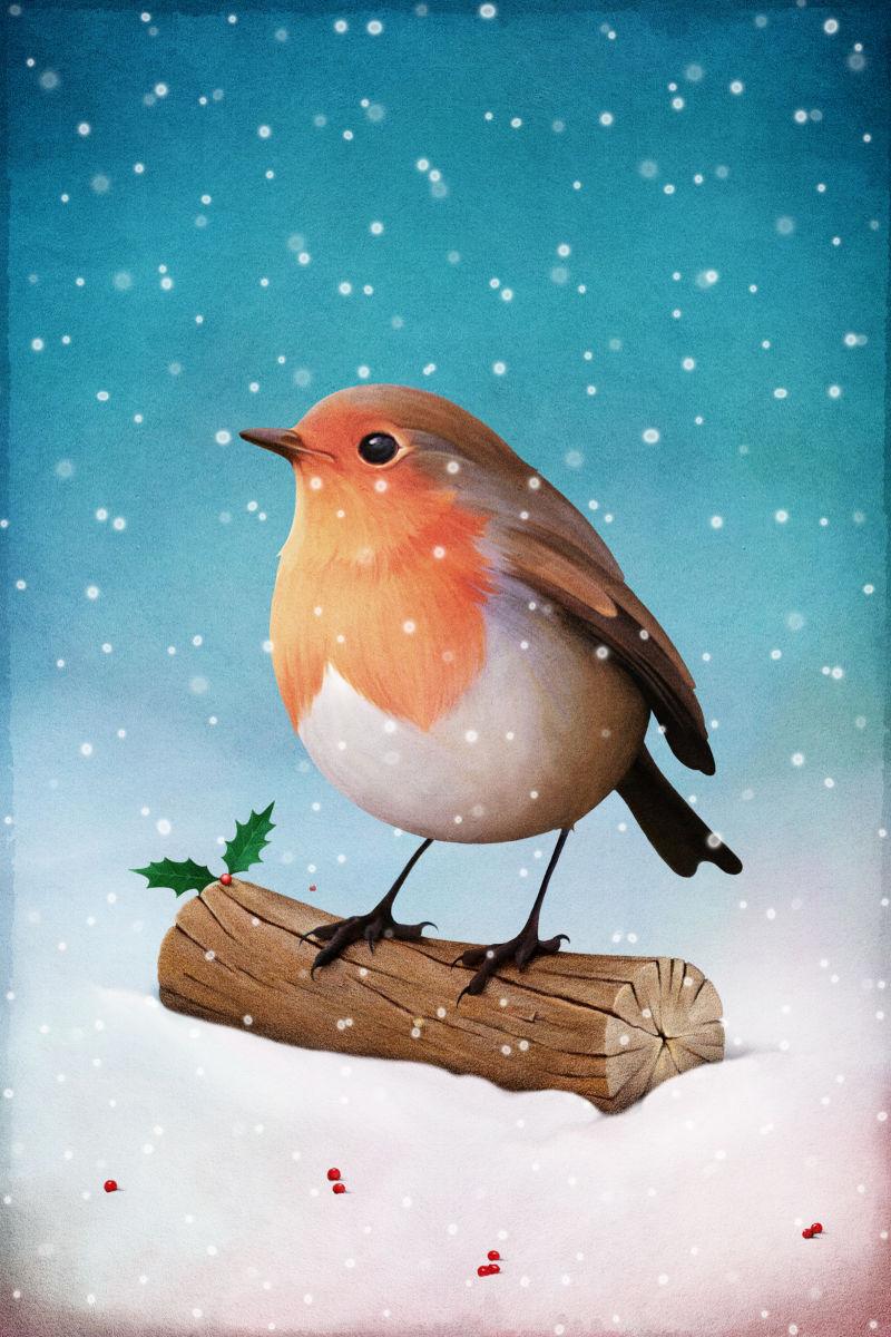 雪地树枝上的卡通小鸟