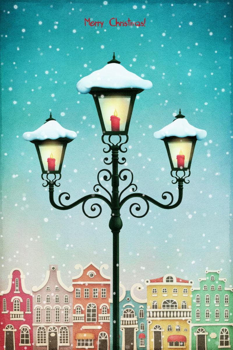 卡通雪景下的街道路灯