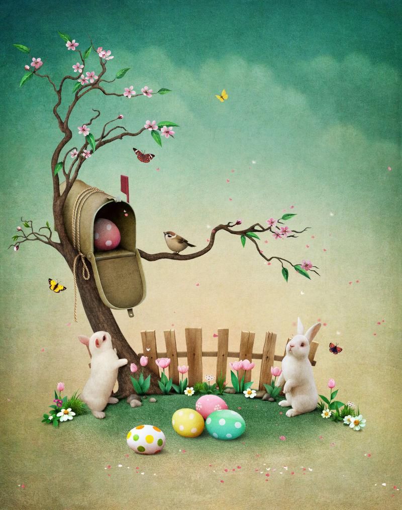 信箱下的兔子和复活节彩蛋插图