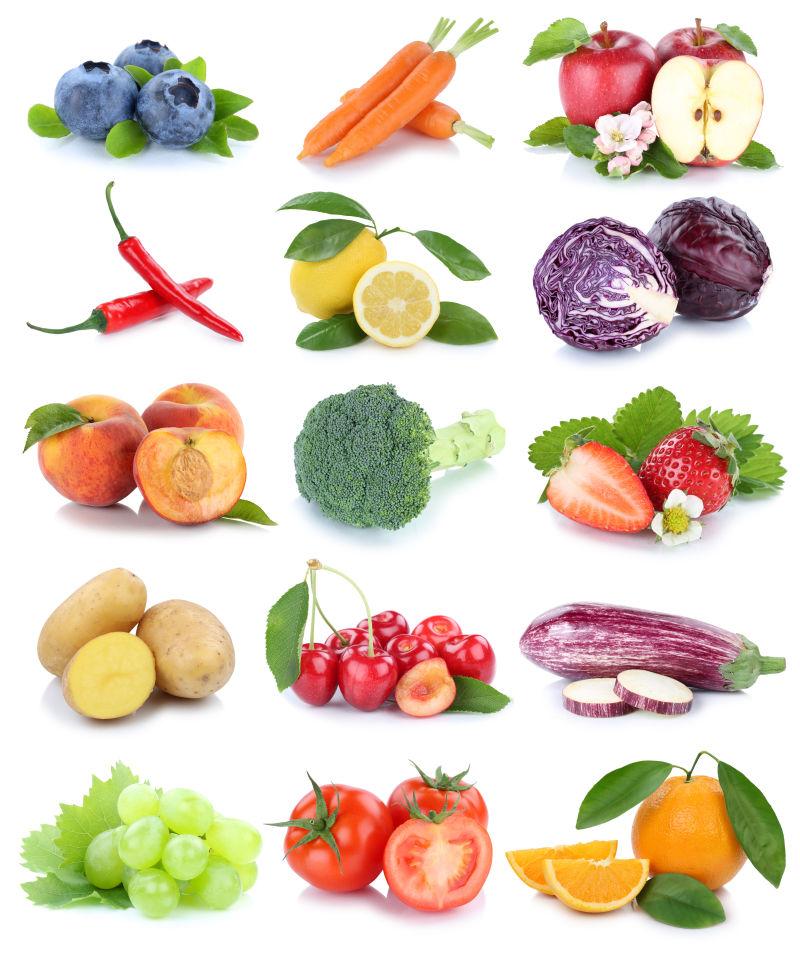 白色背景上的不同品种的水果蔬菜拼贴